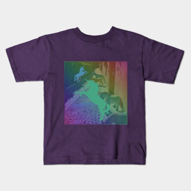 Unicorns Prancing on Rainbow Streets Kids T-Shirt by The Friendly Introverts